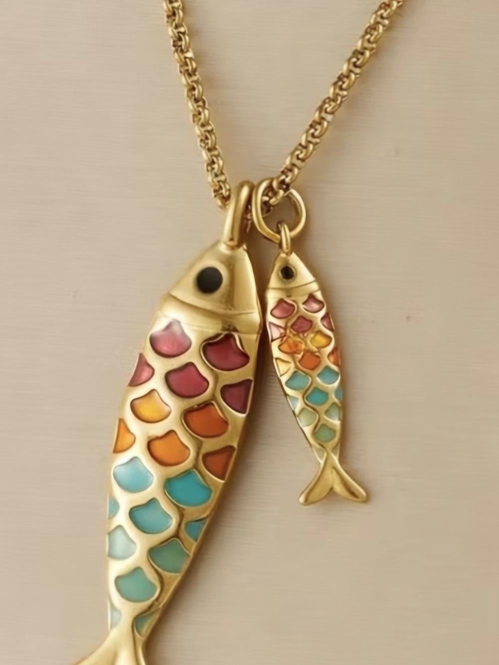Gold-Tone Multicolor Double Fish Pendant Necklace 16" Chain - Trendy Whimsical.